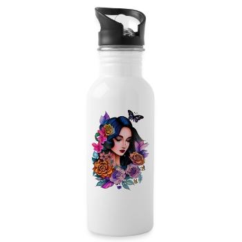 Butterfly Flower Girl - Tattoo-Pinup Illustration - Trinkflasche mit integriertem Trinkhalm - Weiß - Rechts