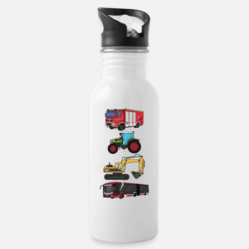Feuerwehr, Bus, Traktor, Bagger - Trinkflasche mit integriertem Trinkhalm - Weiß