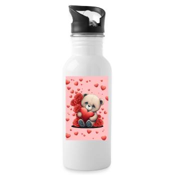 Cute teddy bear with red flowers and hearts - Water bottle with straw - white - Right
