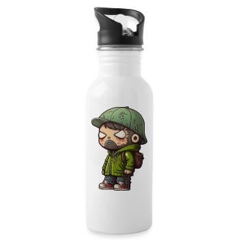 Cool Cartoon Figur mit Rucksack auf Sherlock Mütze - Trinkflasche mit integriertem Trinkhalm - Weiß - Rechts