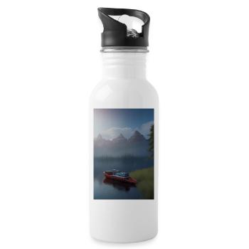 Landscape with lake, boat and mountains - Water bottle with straw - white - Right