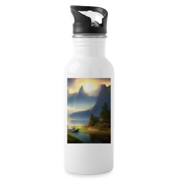 Landscape with lake, boat and mountains - Water bottle with straw - white - Right