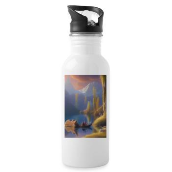 Landscape with lake, boat and mountains - Water bottle with straw - white - Right