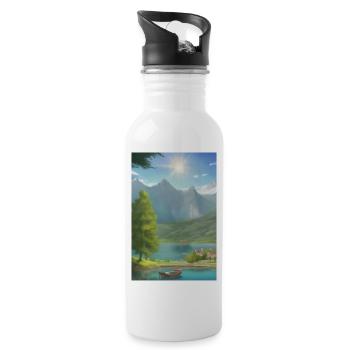 Landscape with lake, boat and mountains - Water bottle with straw - white - Right