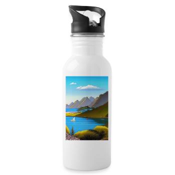Landscape with lake, boat and mountains - Water bottle with straw - white - Right