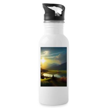 Paysage avec lac, soleil, bateau et montagnes - Gourde avec paille intégrée - blanc - Droite