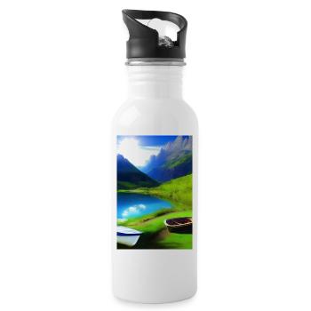 Landscape with lake, boat and mountains - Water bottle with straw - white - Right
