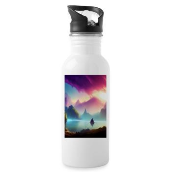 Landscape with lake, boat and mountains - Water bottle with straw - white - Right