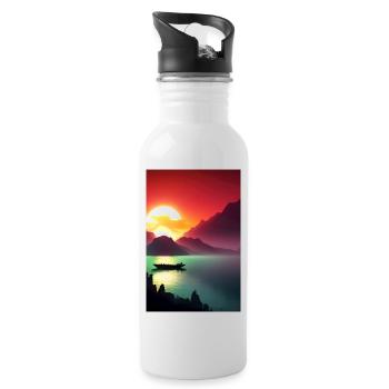 Landscape with lake, boat and mountains - Water bottle with straw - white - Right
