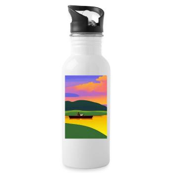 Landscape with lake, boat and mountains - Water bottle with straw - white - Right