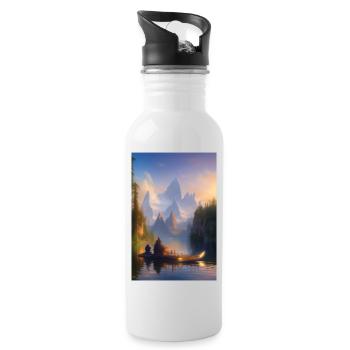 Landscape with lake, boat and mountains - Water bottle with straw - white - Right