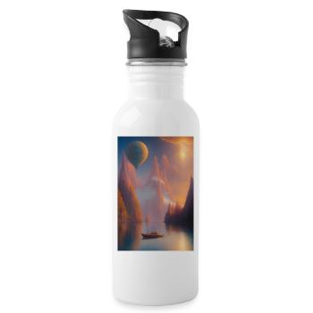 Landscape with lake, boat and mountains - Water bottle with straw - white - Right