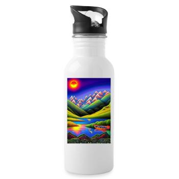 Landscape with lake, boat and mountains - Water bottle with straw - white - Right