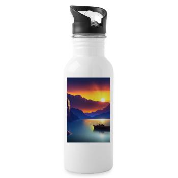 Landscape with lake, boat and mountains - Water bottle with straw - white - Right
