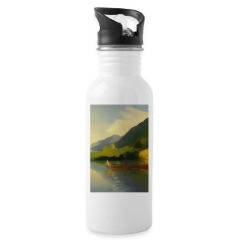 Landscape with lake, boat and mountains - Water bottle with straw - white - Right