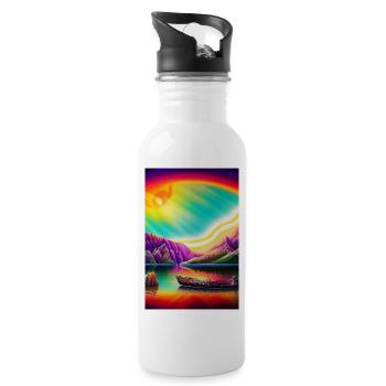 Landscape with lake, boat and mountains - Water bottle with straw - white - Right