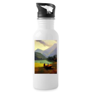 Landscape with lake, boat and mountains - Water bottle with straw - white - Right