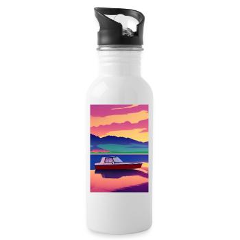 Landscape with lake, boat and mountains - Water bottle with straw - white - Right