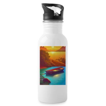 Landscape with lake, boat and mountains - Water bottle with straw - white - Right