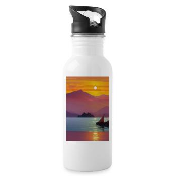 Landscape with lake, boat and mountains - Water bottle with straw - white - Right
