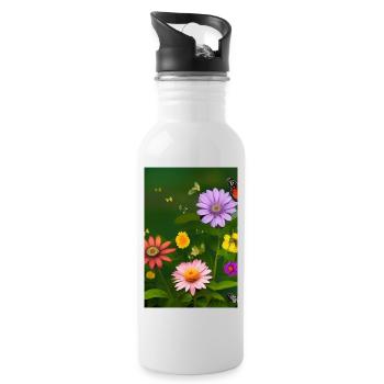 Flowers and butterfly - Water bottle with straw - white - Right
