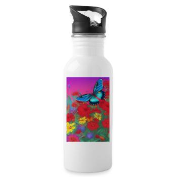 Flowers and butterfly - Water bottle with straw - white - Right