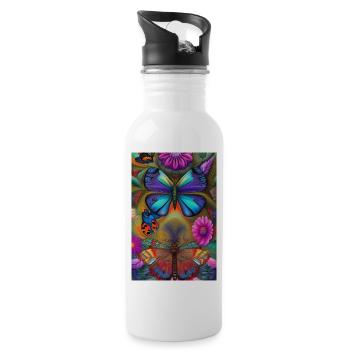 Fleurs et papillon - Gourde avec paille intégrée - blanc - Droite