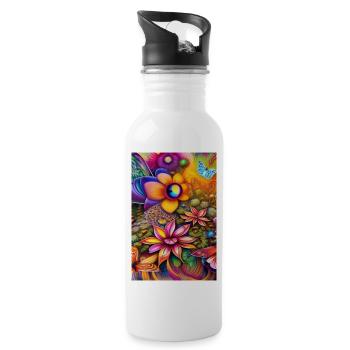Flowers and butterfly - Water bottle with straw - white - Right