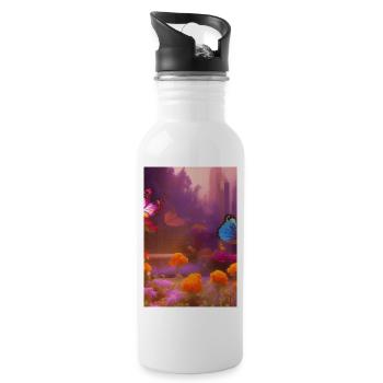 Flowers and butterfly - Water bottle with straw - white - Right