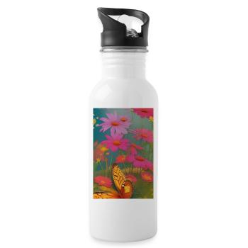 Flowers and butterfly - Water bottle with straw - white - Right