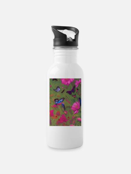 Blumen und Schmetterling - Trinkflasche mit integriertem Trinkhalm - Weiß