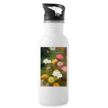 Flowers and Butterfly - Water bottle with straw - white - Right
