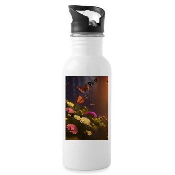 Flowers and Butterfly - Water bottle with straw - white - Right