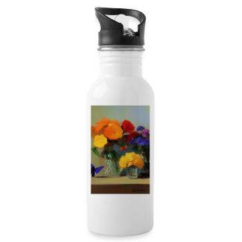 Flowers and Butterfly - Water bottle with straw - white - Right