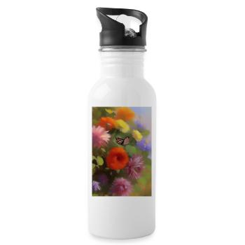 Flowers and butterfly - Water bottle with straw - white - Right