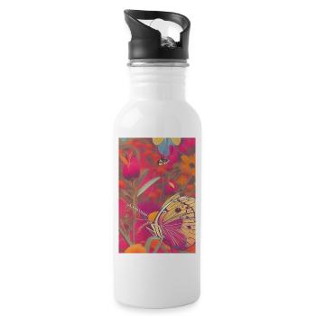 Flowers and butterfly - Water bottle with straw - white - Right