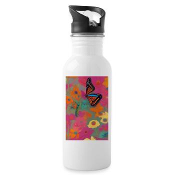 Flowers and butterfly - Water bottle with straw - white - Right