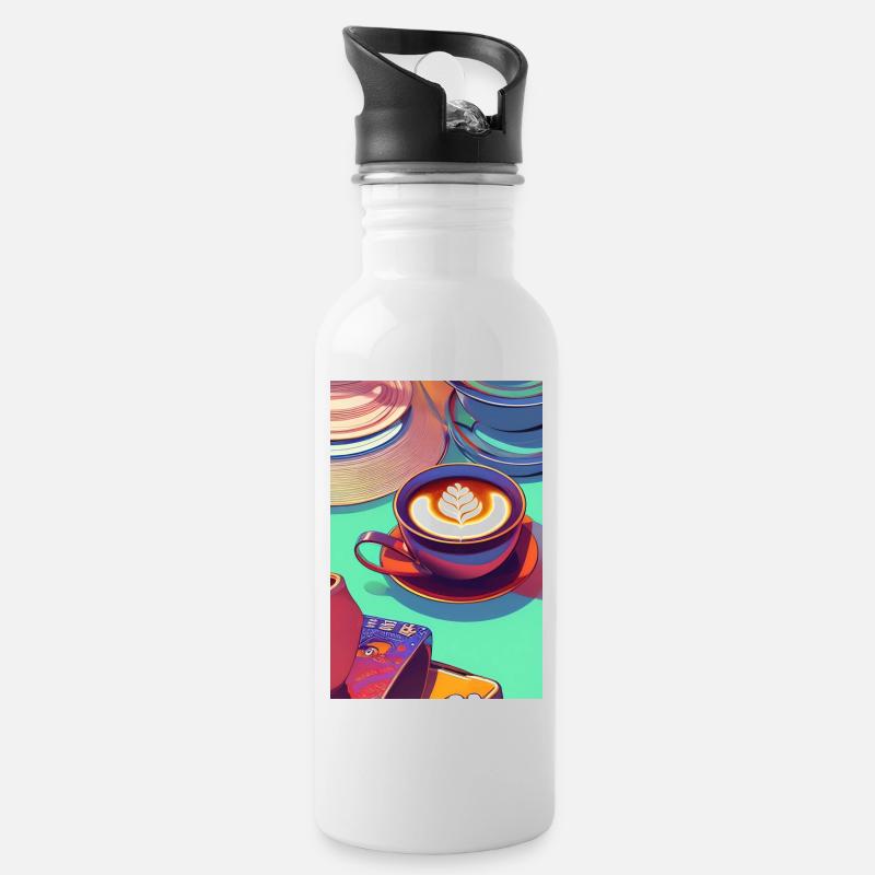 Kaffee, Kaffeebohnen - Trinkflasche mit integriertem Trinkhalm - Weiß
