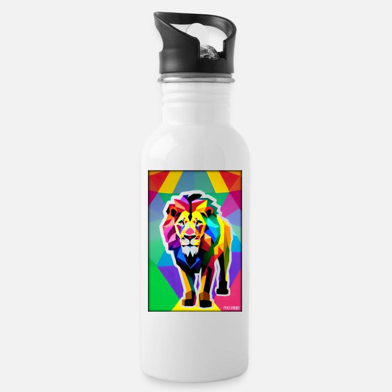 Leo Polygon Arc-en-ciel coloré sauvage Faune sauvage - Gourde avec paille intégrée - blanc