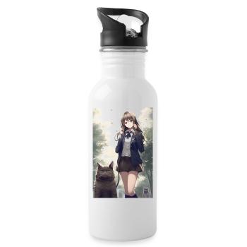 Anime Katze Frau Uniform Geschenk - Trinkflasche mit integriertem Trinkhalm - Weiß - Rechts