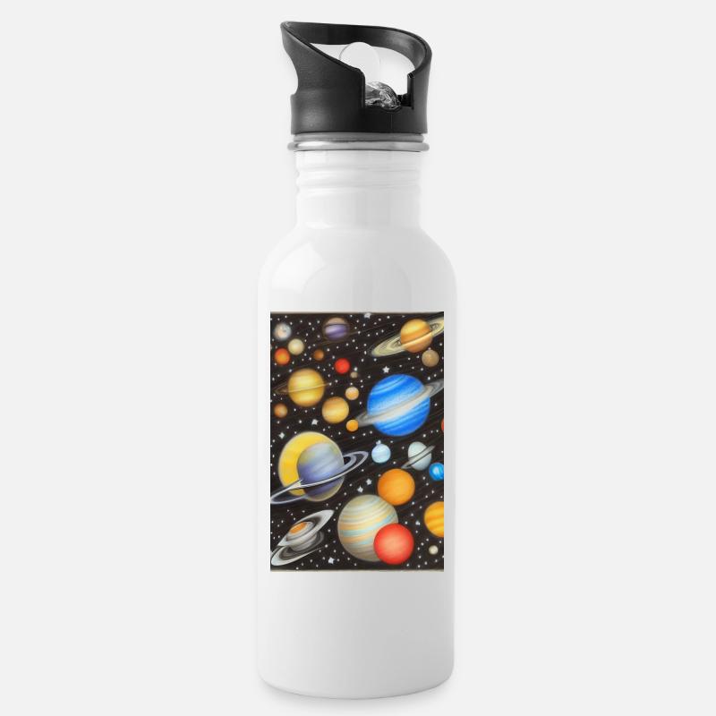 Weltall und Planeten - Trinkflasche mit integriertem Trinkhalm - Weiß