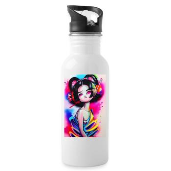 Neon Geisha Graffiti Porträt - Trinkflasche mit integriertem Trinkhalm - Weiß - Rechts