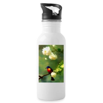 Bird on branch with flower blossoms - Water bottle with straw - white - Right