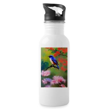 Bird on branch with flower blossoms - Water bottle with straw - white - Right