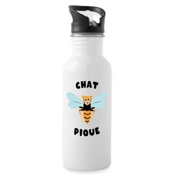 "Roupette le chat" . Chat pique guêpe - Gourde avec paille intégrée - blanc - Droite