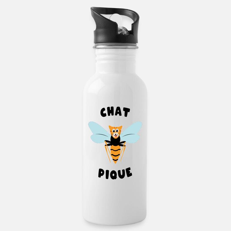 "Roupette le chat" . Chat pique guêpe - Gourde avec paille intégrée - blanc