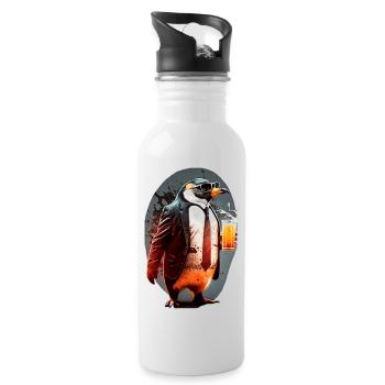 Cooler Pinguin im Anzug mit Bier - Trinkflasche mit integriertem Trinkhalm - Weiß - Rechts