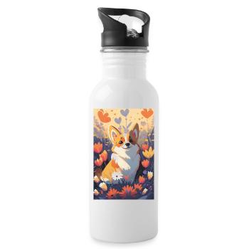 Happy Corgi in colored flowers - Water bottle with straw - white - Right