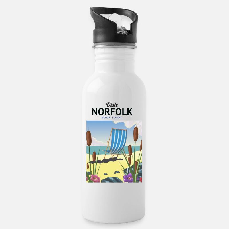 Norfolk Seaside Travel Poster - Trinkflasche mit integriertem Trinkhalm - Weiß