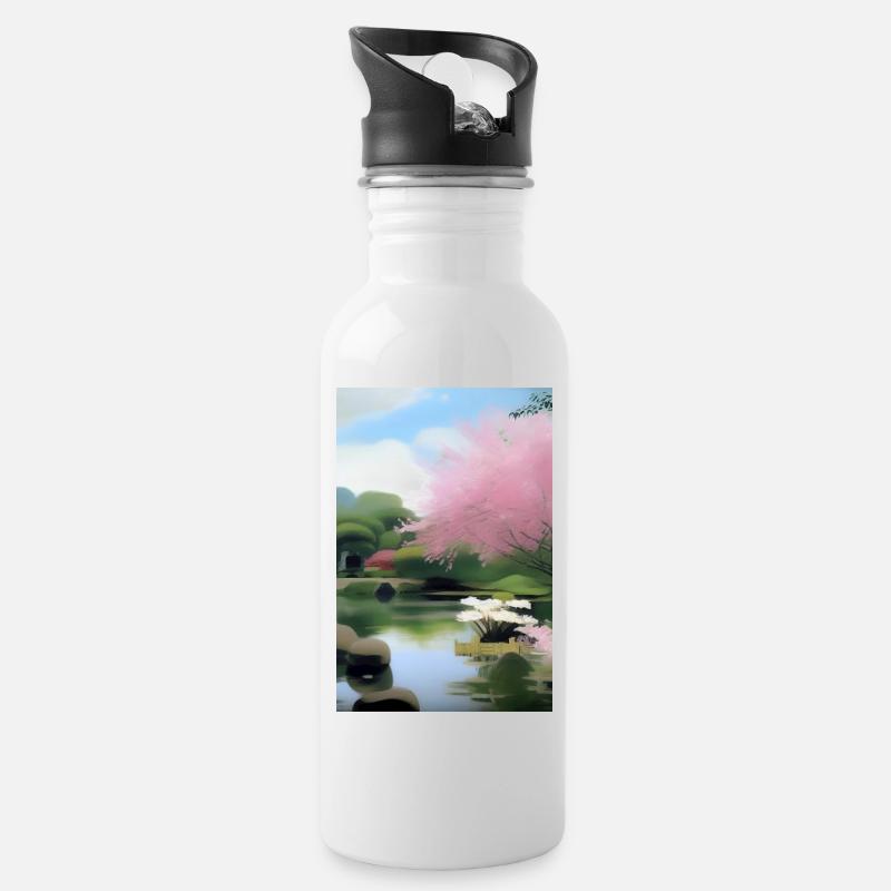 Chinesischer Zen Garten - Trinkflasche mit integriertem Trinkhalm - Weiß